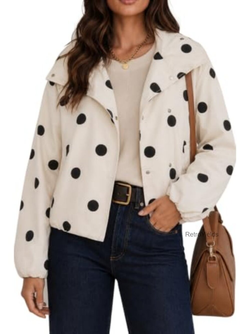 Polka Dot Bomber Jacket Stand Collar Snap Button Lightweight Cropped